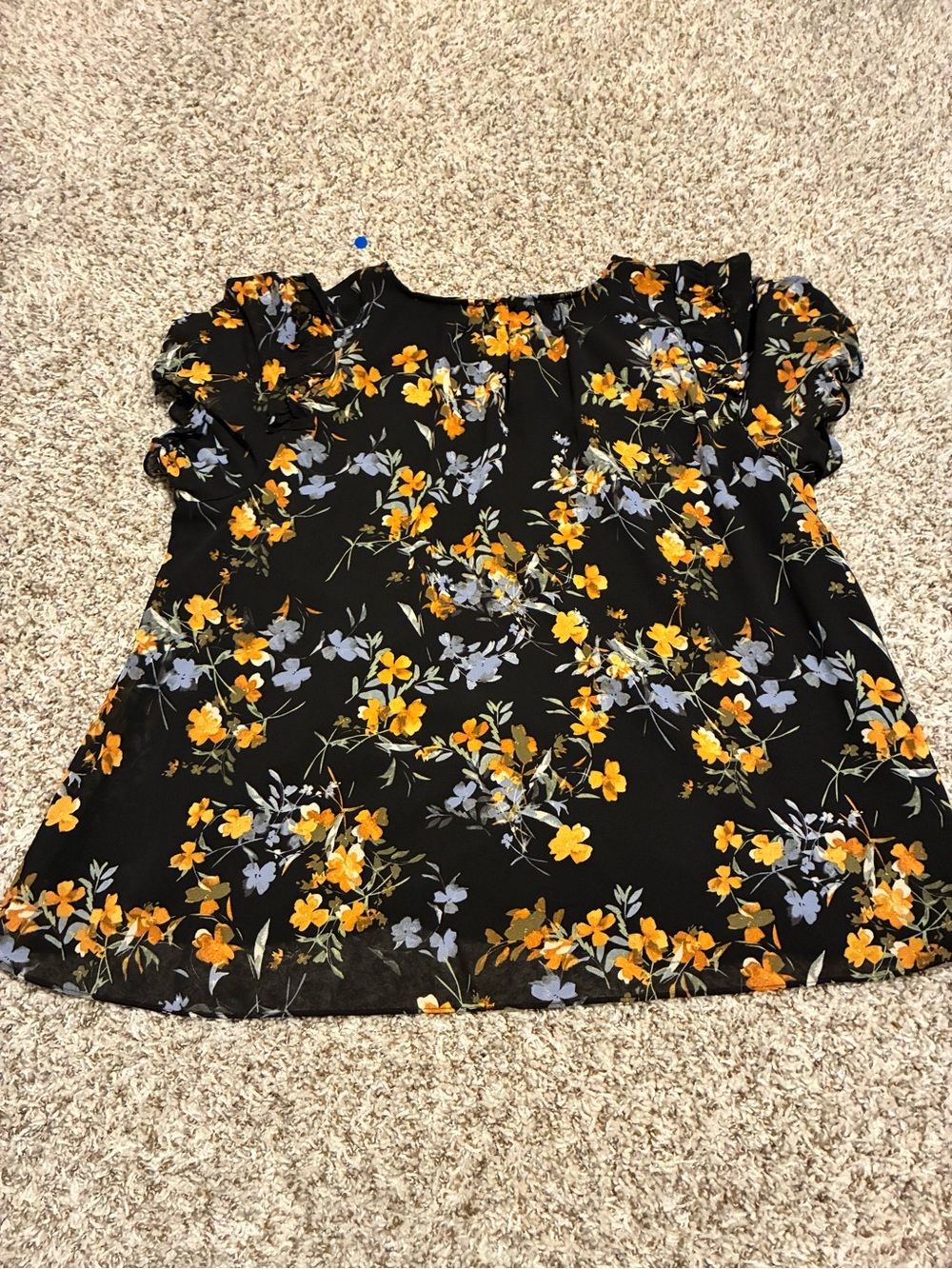 CeCe Black Floral Short Sleeve Blouse with Yellow & Lavender Flowers - Picture 2 of 2